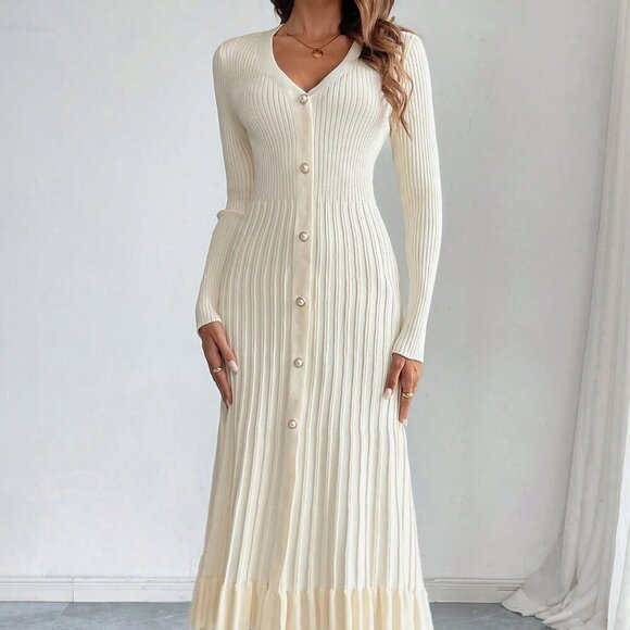 Apricot Elegant Women's V-Neck Long Sleeve Buttoned Pleated A-Line Sweater Dress - Picture 3 of 6